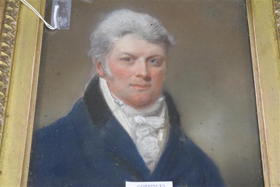 19th century English School, oil on mill-board, portrait of a gentleman, 27 x 22cm and a pastel portrait of the same gentleman